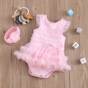 Baby Girl Pink Tulle Ruffle Tutu Romper Dress Matching Headband Birthday Set